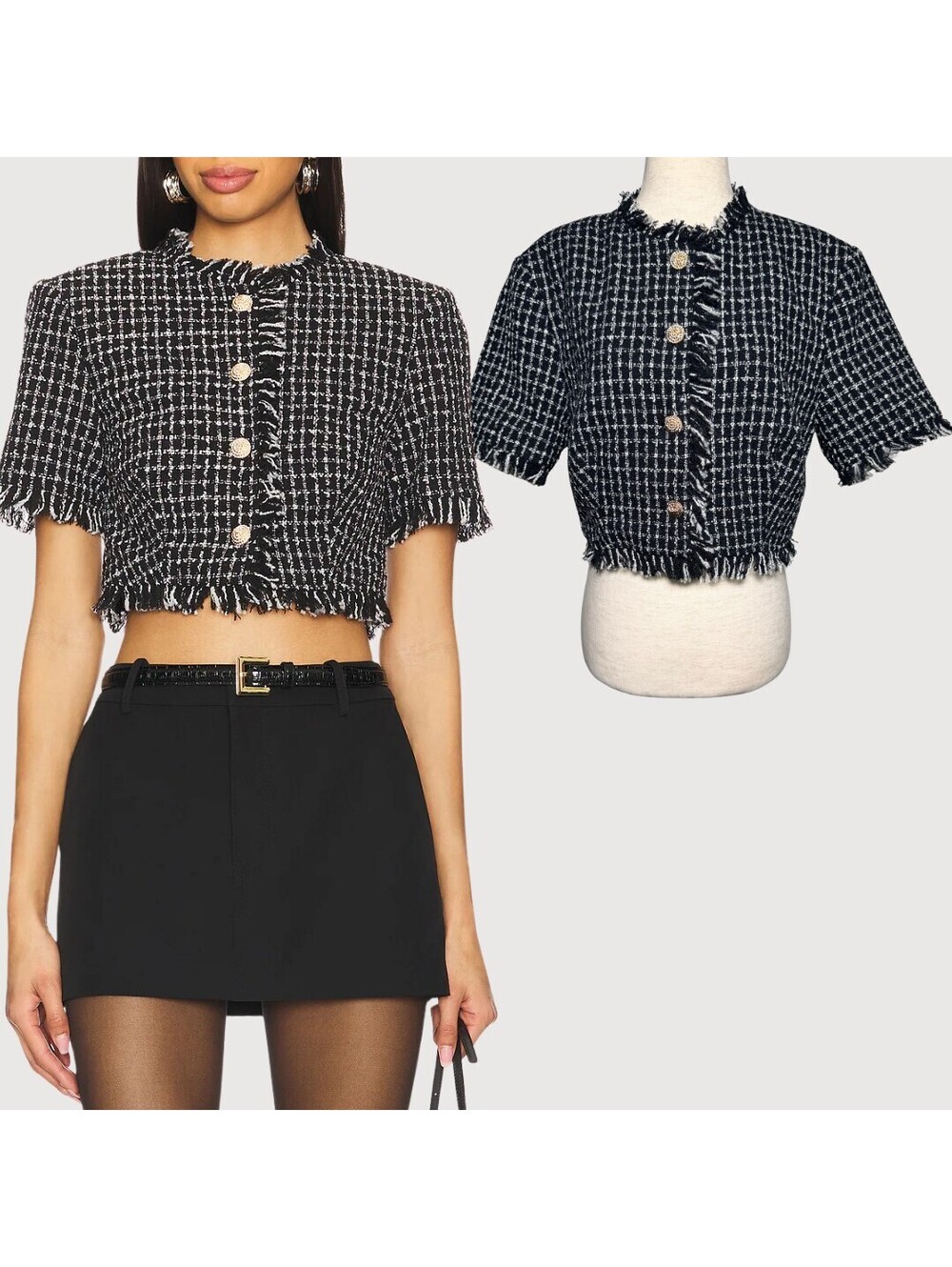 More To Come Wilma Tweed Cropped Button Top Black L